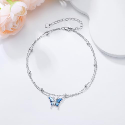 Diamond Butterfly Anklets 925 Sterling Silver Blue Buttefly Double Layer Anklets Bracelet Jewelry Gifts for Women Daughter Friends, 9'' + 2'' - Image 4