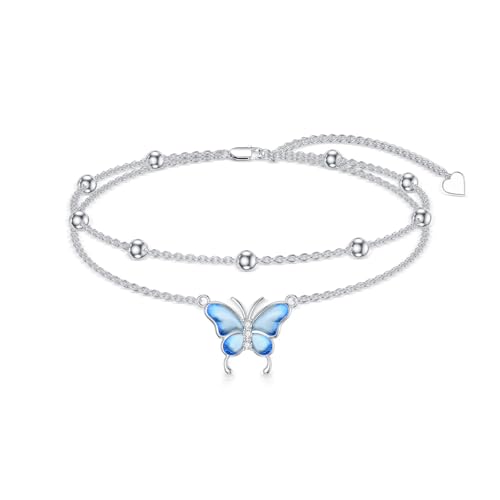 Diamond Butterfly Anklets 925 Sterling Silver Blue Buttefly Double Layer Anklets Bracelet Jewelry Gifts for Women Daughter Friends, 9'' + 2''