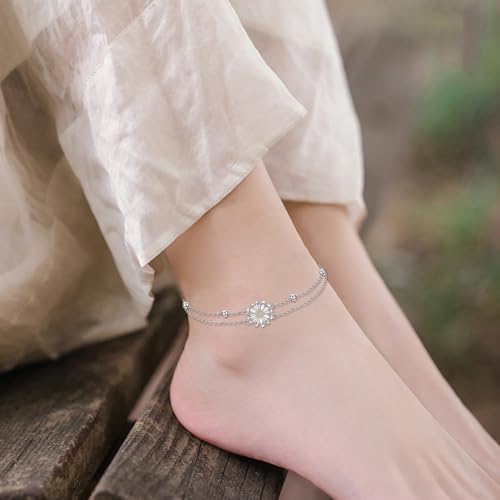 Daisy Anklet for Women S925 Sterling Silver Daisy Bead Ankle Jewelry Gift - Image 3